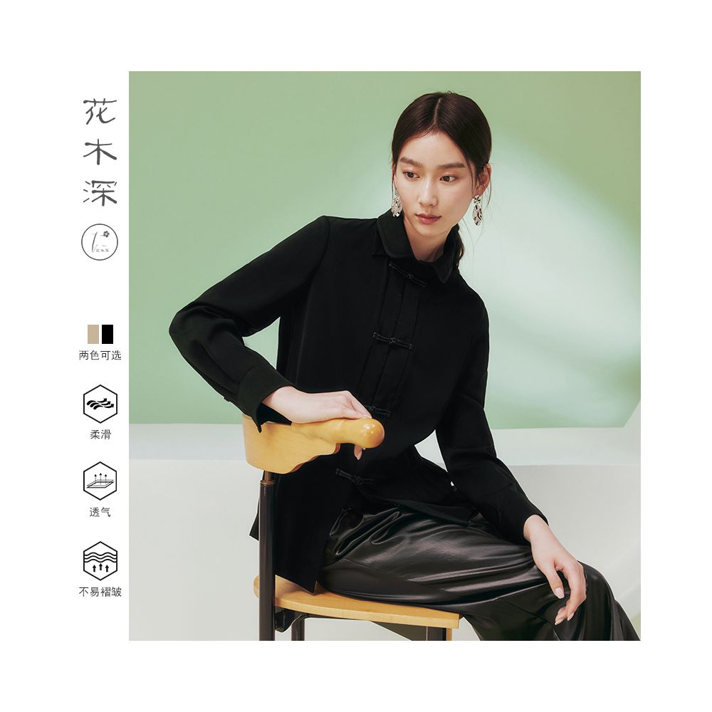 Blogger s same flower and tree deep buttoned shirt women s long sleeved new Chinese style improved Tang style top women s black shirt image 2