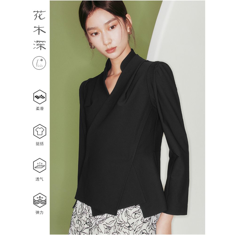 Huamu deep Chinese style black jacket design niche women s slanted collar cross collar long sleeve improved Chinese stand collar top image 3