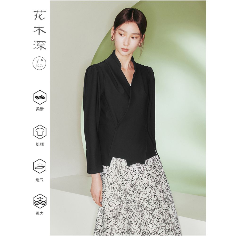 Huamu deep Chinese style black jacket design niche women s slanted collar cross collar long sleeve improved Chinese stand collar top image 4