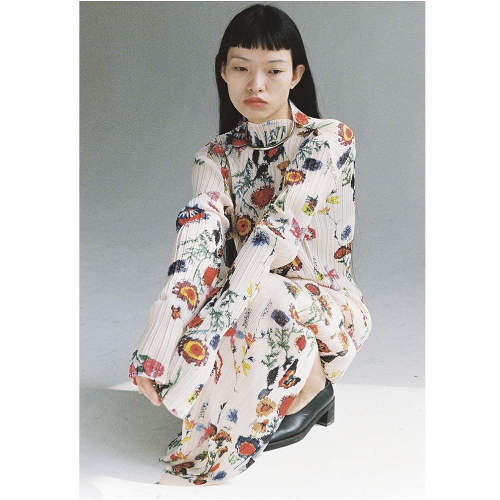 TLonely1 long sleeved base pleated print stand up collar long sleeved pullover floral long sleeved T shirt image 3