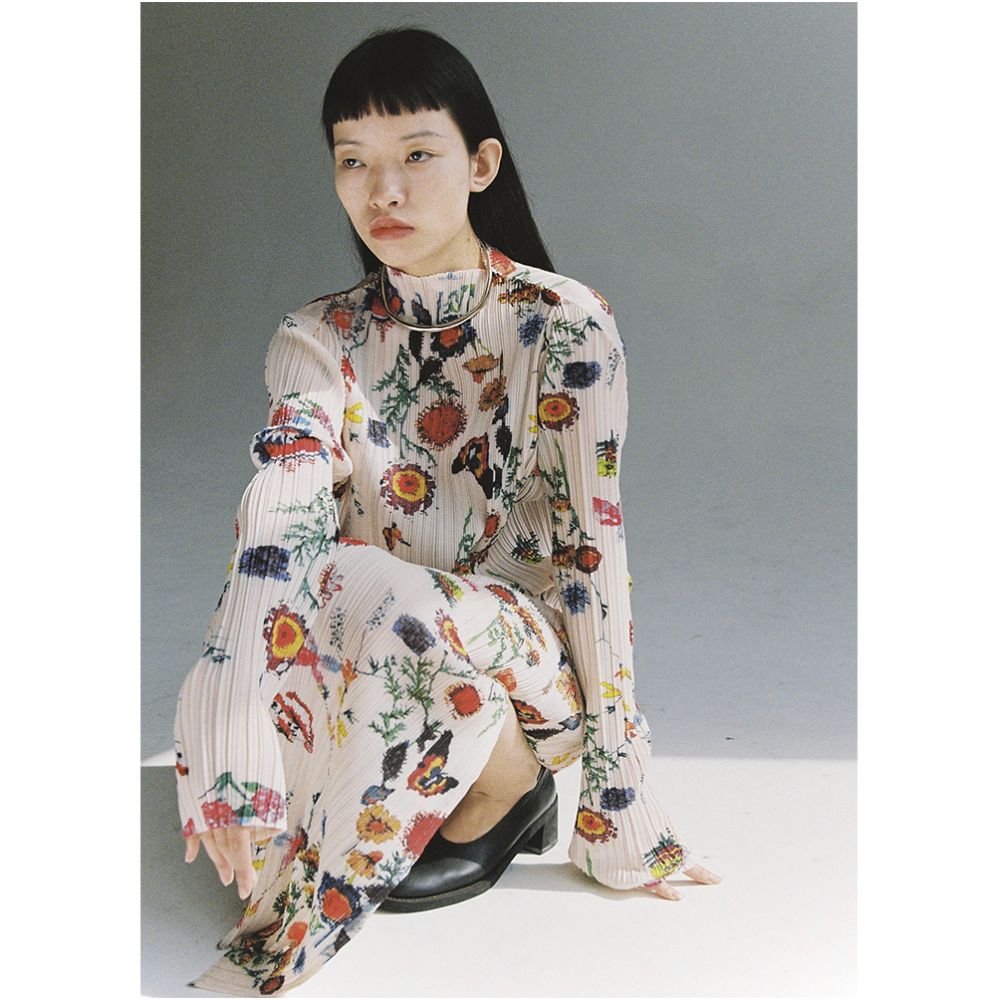 TLonely1 long sleeved base pleated print stand up collar long sleeved pullover floral long sleeved T shirt image 0