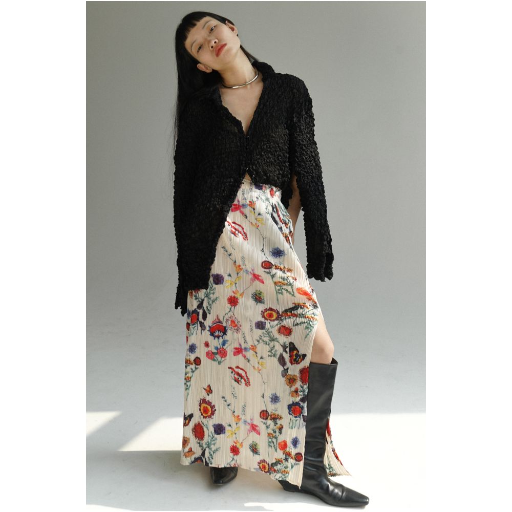 ASAYA1675 TLonely1 long sleeved base pleated print stand up collar long sleeved pullover floral long sleeved T shirt