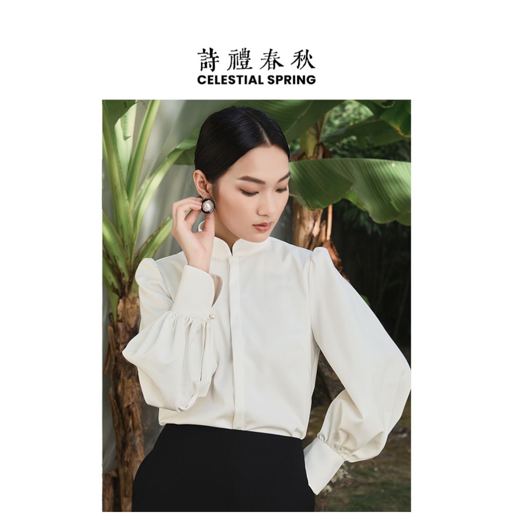 Shili Chunqiu Original New Chinese style Top Chinese style Long sleeved Shirt Retro white Elegant Tea Clothes Stand up Collar Shirt for Women image 5