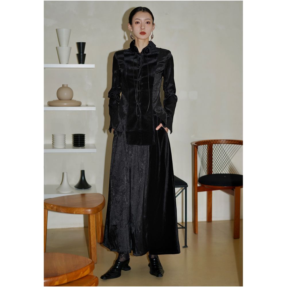 Bad taste Western New Chinese style design handmade buckle splicing slim fit shirt top image 2