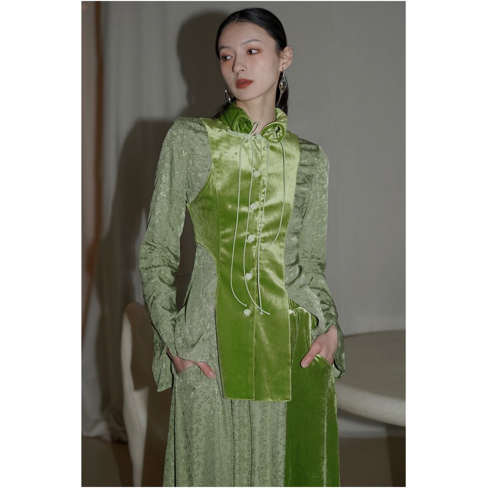 Bad taste Western New Chinese style design handmade buckle splicing slim fit shirt top image 0