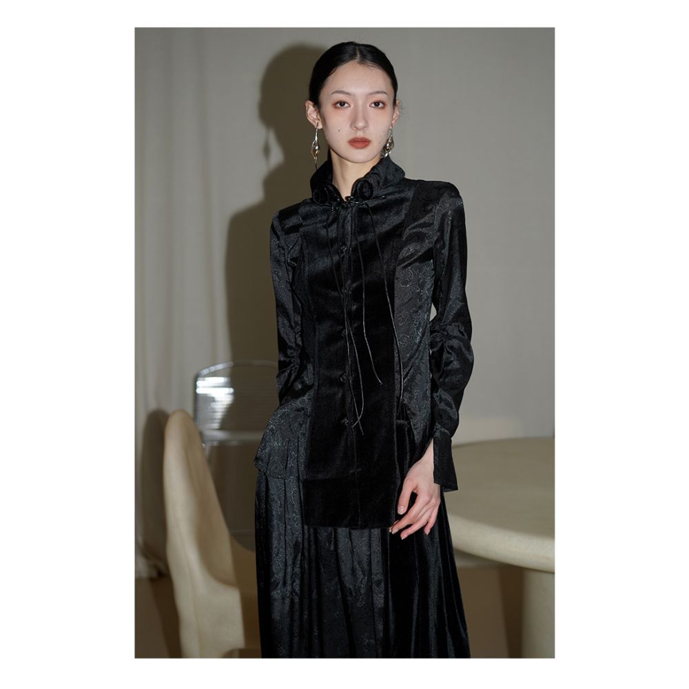 Bad taste Western New Chinese style design handmade buckle splicing slim fit shirt top image 19