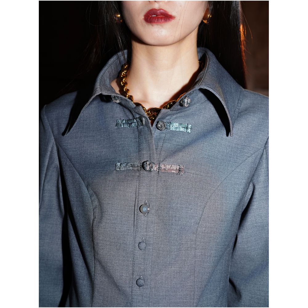 Bad Taste Western New Chinese Wool Blended Handmade Pan Button Hollow out Shirt Top image 2