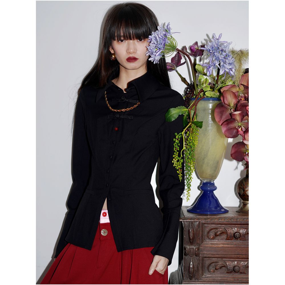 Bad Taste Western New Chinese Wool Blended Handmade Pan Button Hollow out Shirt Top image 0