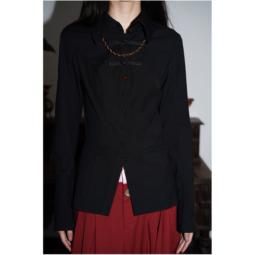 Bad Taste Western New Chinese Wool Blended Handmade Pan Button Hollow out Shirt Top image 10