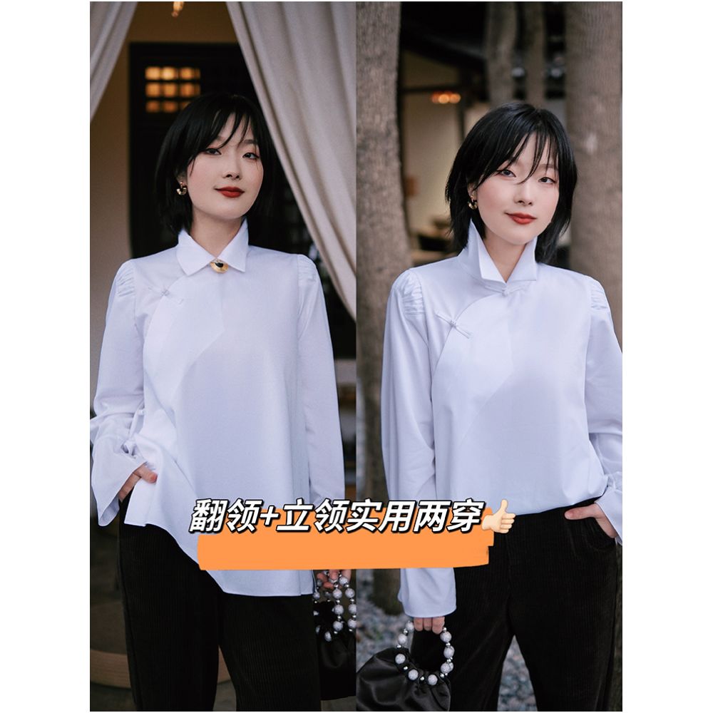 Interface bamboo fiber deconstructionist new Chinese style stand up collar buckle elegant and versatile right angled shoulder white shirt for women image 2