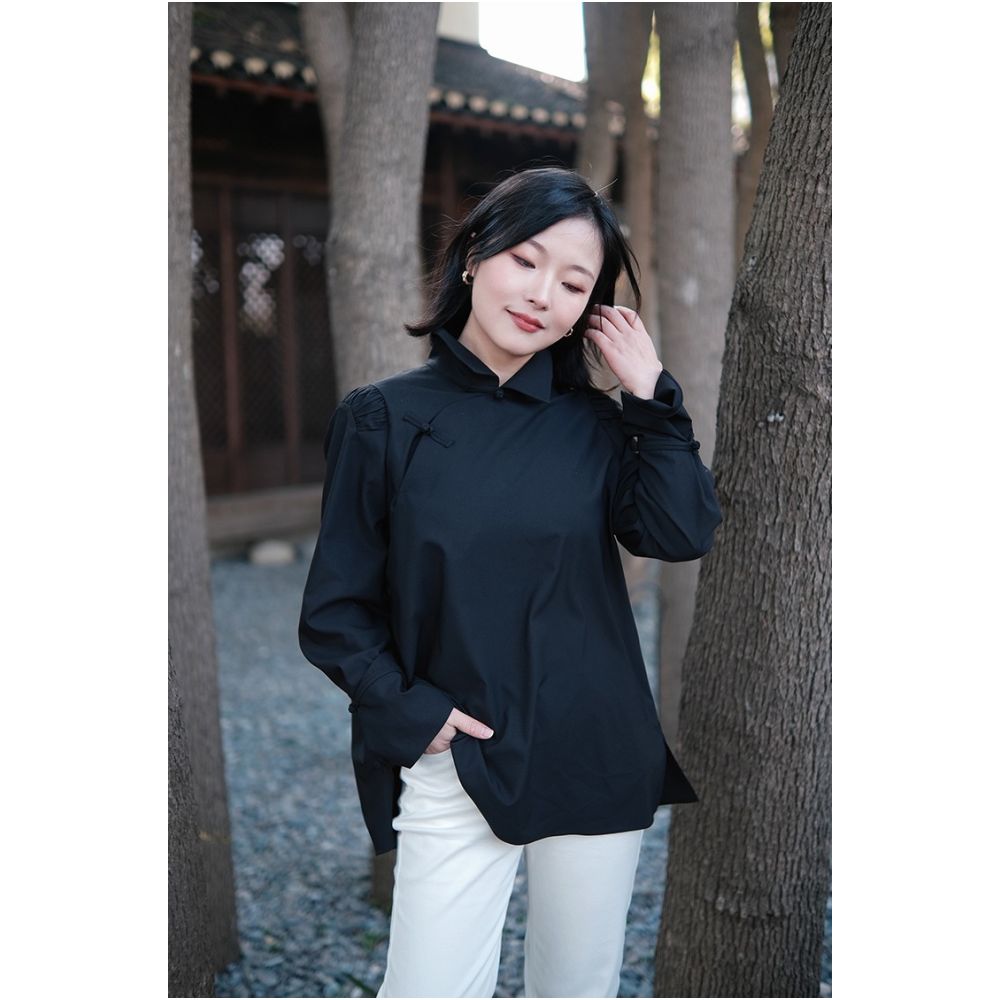 ASAYA1611 Interface bamboo fiber deconstructionist new Chinese style stand up collar buckle elegant and versatile right angled shoulder white shirt for women