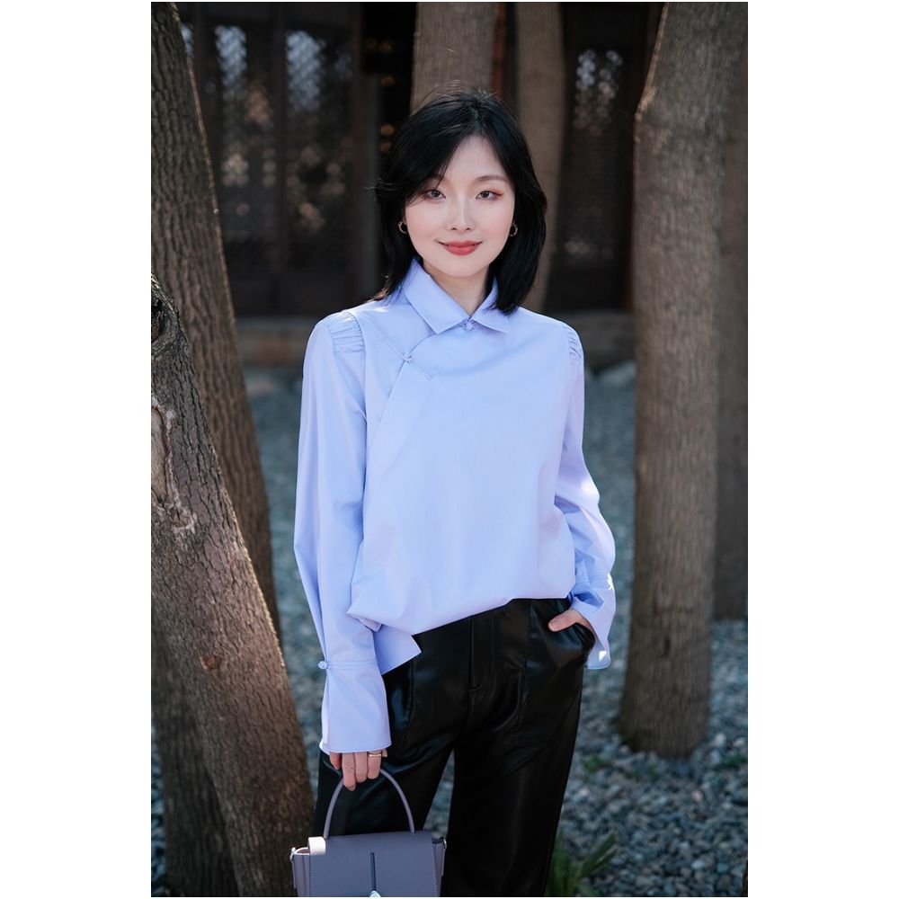 Interface bamboo fiber deconstructionist new Chinese style stand up collar buckle elegant and versatile right angled shoulder white shirt for women image 23