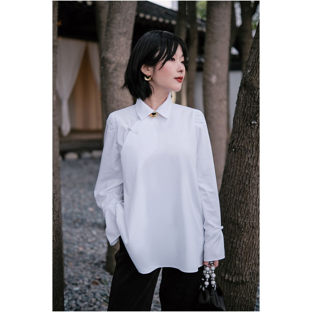 Interface bamboo fiber deconstructionist new Chinese style stand up collar buckle elegant and versatile right angled shoulder white shirt for women image 28