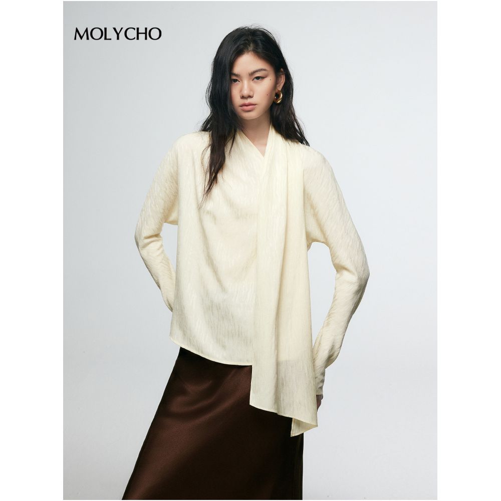 MOLYCHO French design style ribbon shirt women s autumn loose slimming top scarf collar long sleeved shirt image 2
