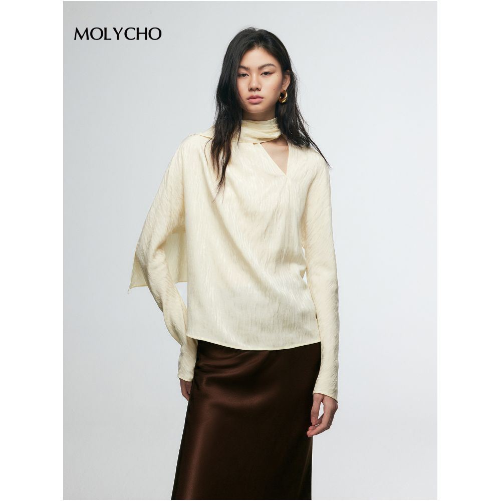 MOLYCHO French design style ribbon shirt women s autumn loose slimming top scarf collar long sleeved shirt image 3