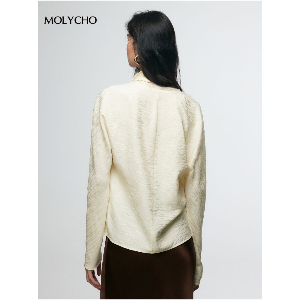 MOLYCHO French design style ribbon shirt women s autumn loose slimming top scarf collar long sleeved shirt image 5