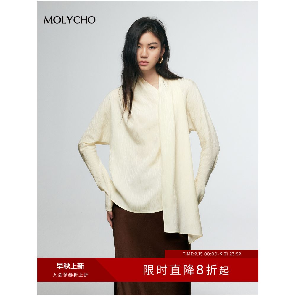 MOLYCHO French design style ribbon shirt women s autumn loose slimming top scarf collar long sleeved shirt image 0