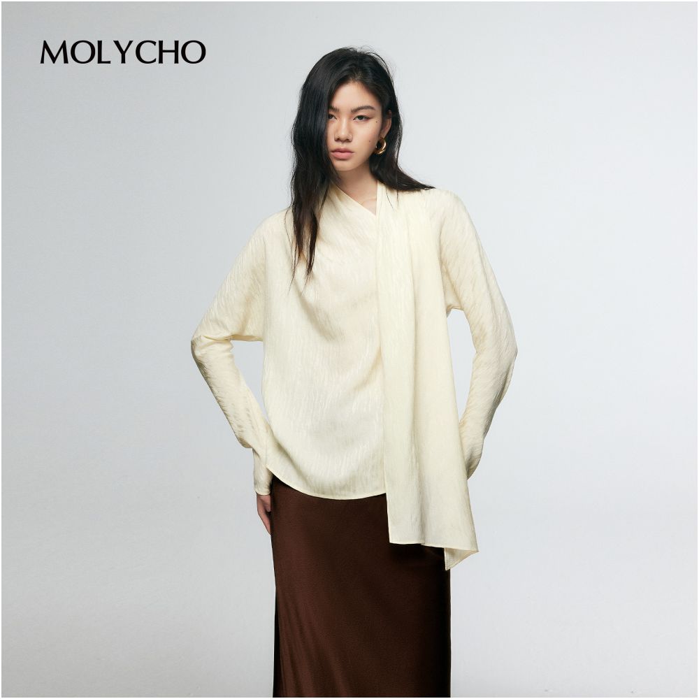 MOLYCHO French design style ribbon shirt women s autumn loose slimming top scarf collar long sleeved shirt image 7