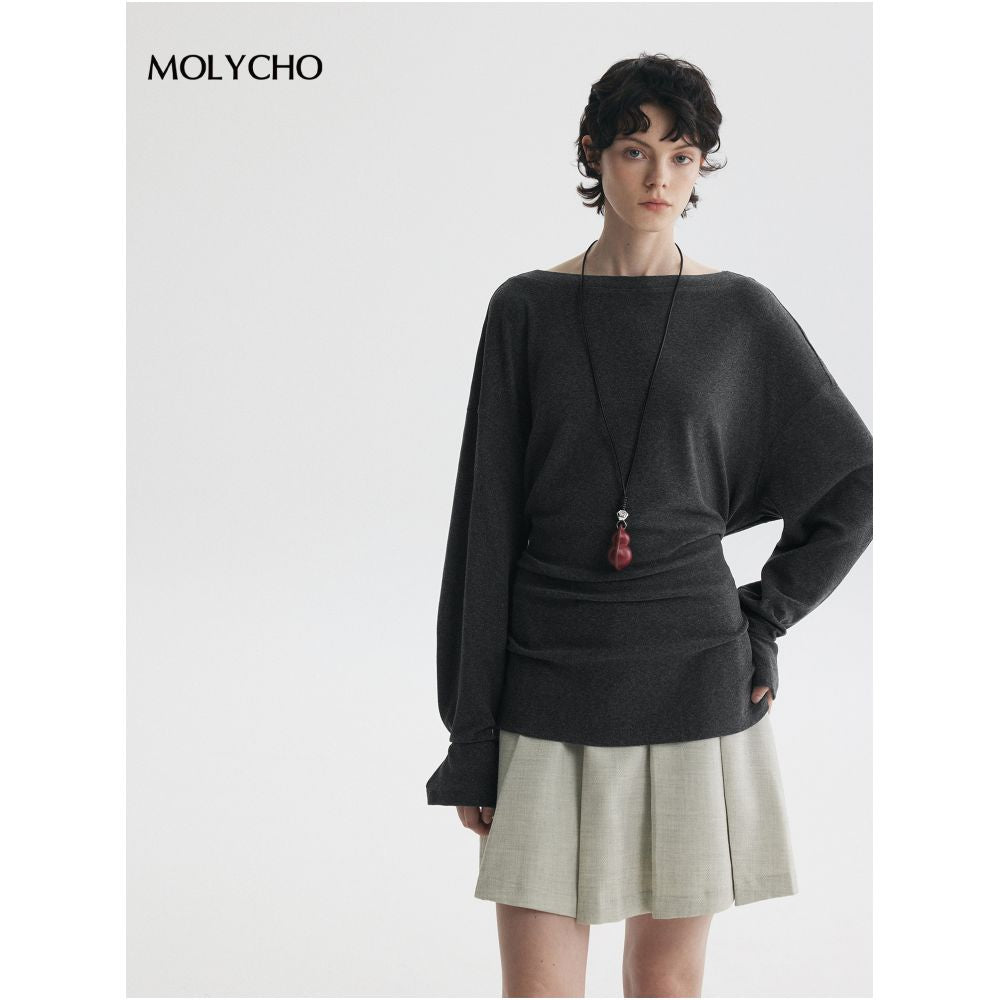 MOLYCHO Free and casual loose casual long sleeved T shirt for women versatile adjustable waist top image 2