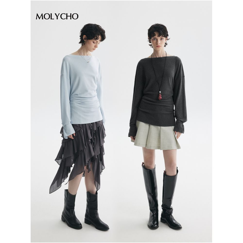 MOLYCHO Free and casual loose casual long sleeved T shirt for women versatile adjustable waist top image 3