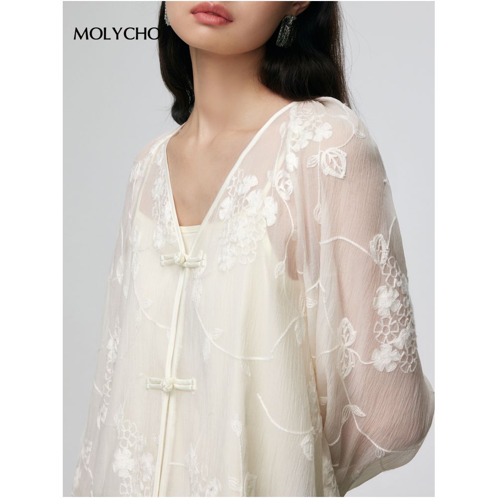 MOLYCHO Spring Summer Thin New Chinese style Pan Button Shirt Women s Summer Chinese Style Zen Style Shirt V neck Embroidered Top image 1