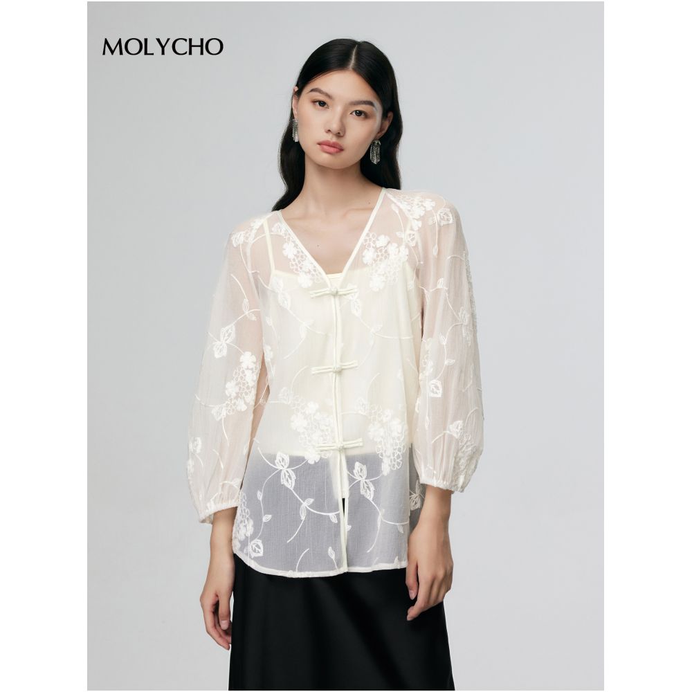 MOLYCHO Spring Summer Thin New Chinese style Pan Button Shirt Women s Summer Chinese Style Zen Style Shirt V neck Embroidered Top image 2
