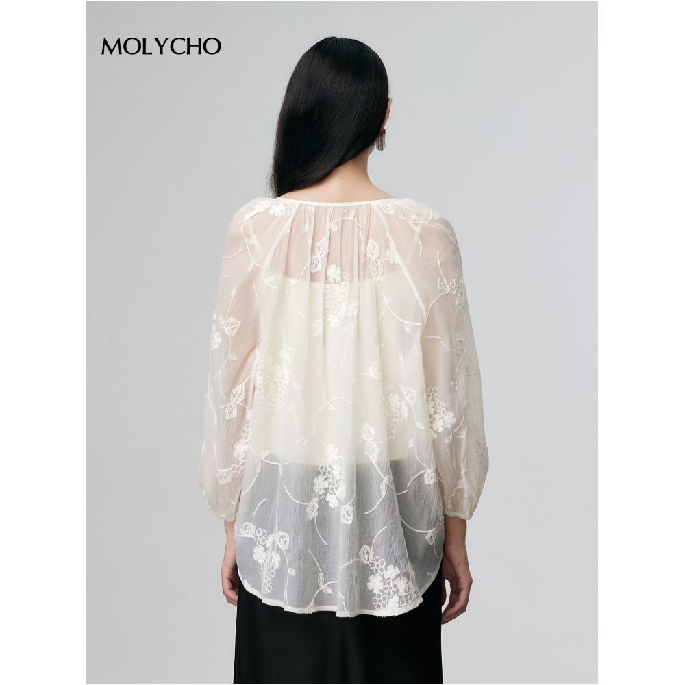 MOLYCHO Spring Summer Thin New Chinese style Pan Button Shirt Women s Summer Chinese Style Zen Style Shirt V neck Embroidered Top image 4