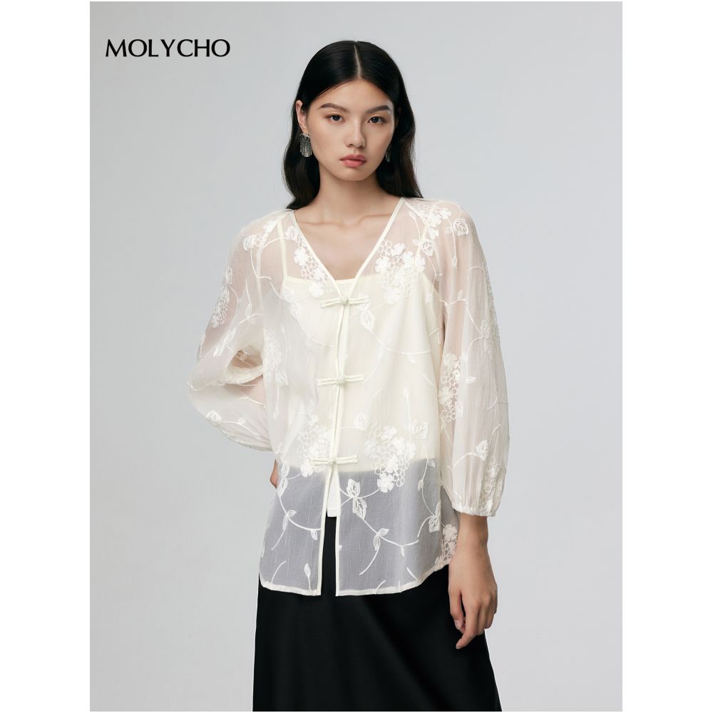 MOLYCHO Spring Summer Thin New Chinese style Pan Button Shirt Women s Summer Chinese Style Zen Style Shirt V neck Embroidered Top image 5