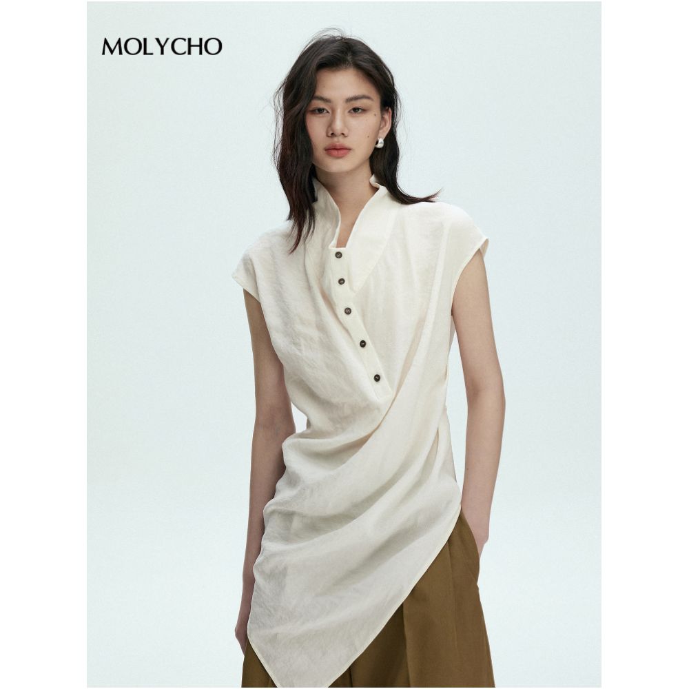 MOLYCHO Artistic style chic design short sleeved shirt for women loose and slimming shirt lace up waist cinching top image 1