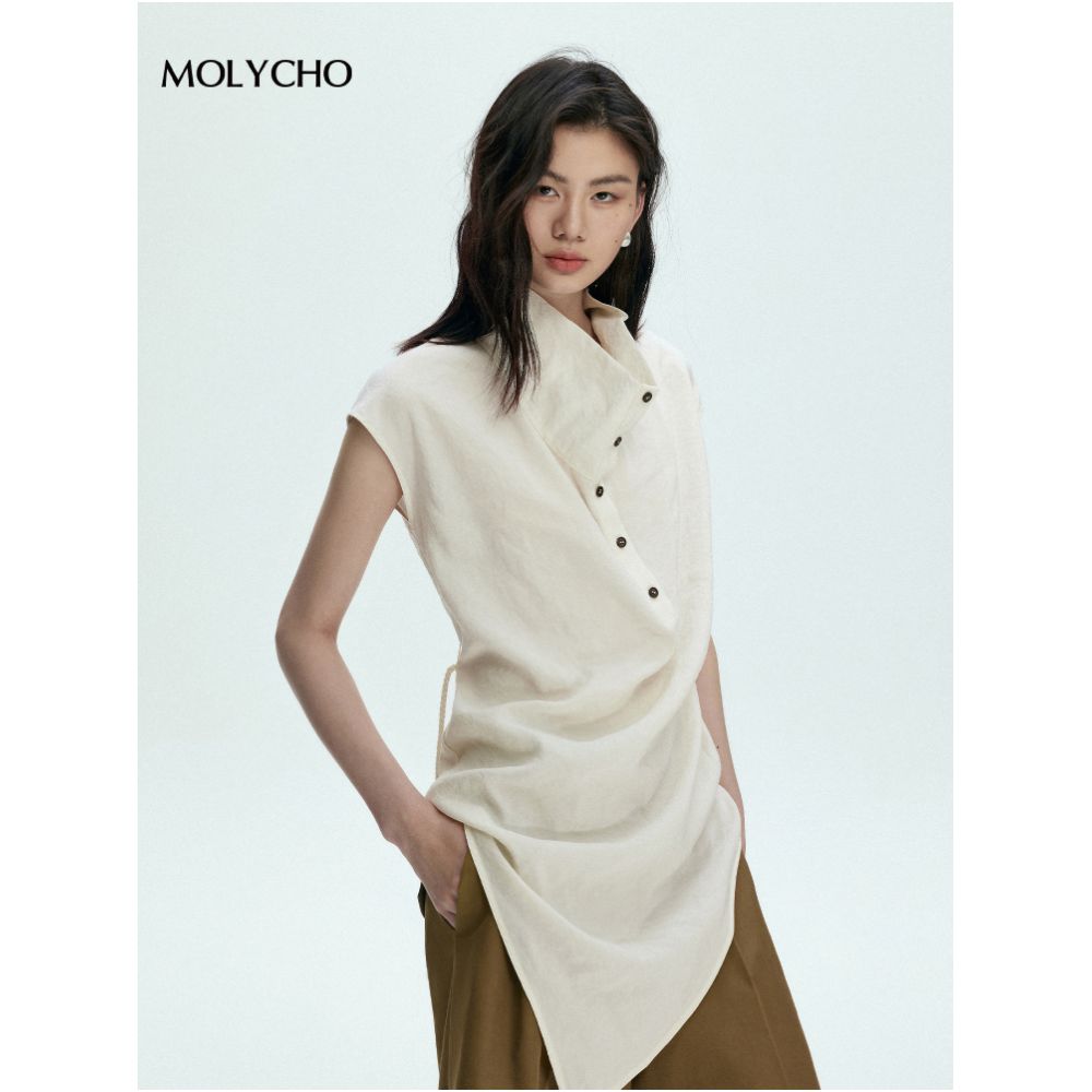MOLYCHO Artistic style chic design short sleeved shirt for women loose and slimming shirt lace up waist cinching top image 2
