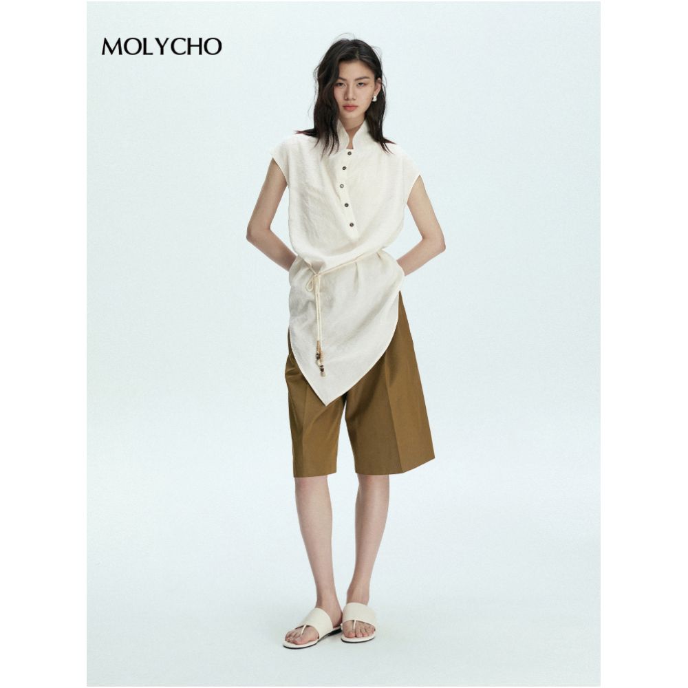 MOLYCHO Artistic style chic design short sleeved shirt for women loose and slimming shirt lace up waist cinching top image 3