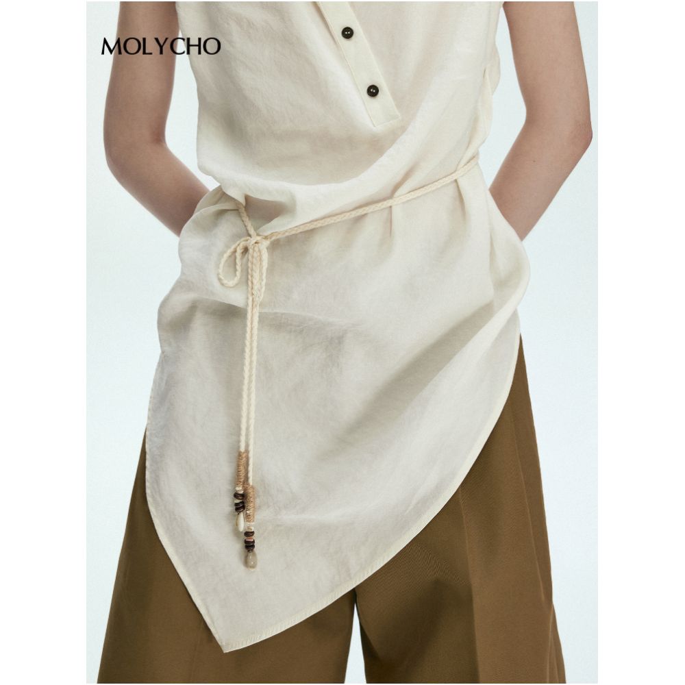 MOLYCHO Artistic style chic design short sleeved shirt for women loose and slimming shirt lace up waist cinching top image 4