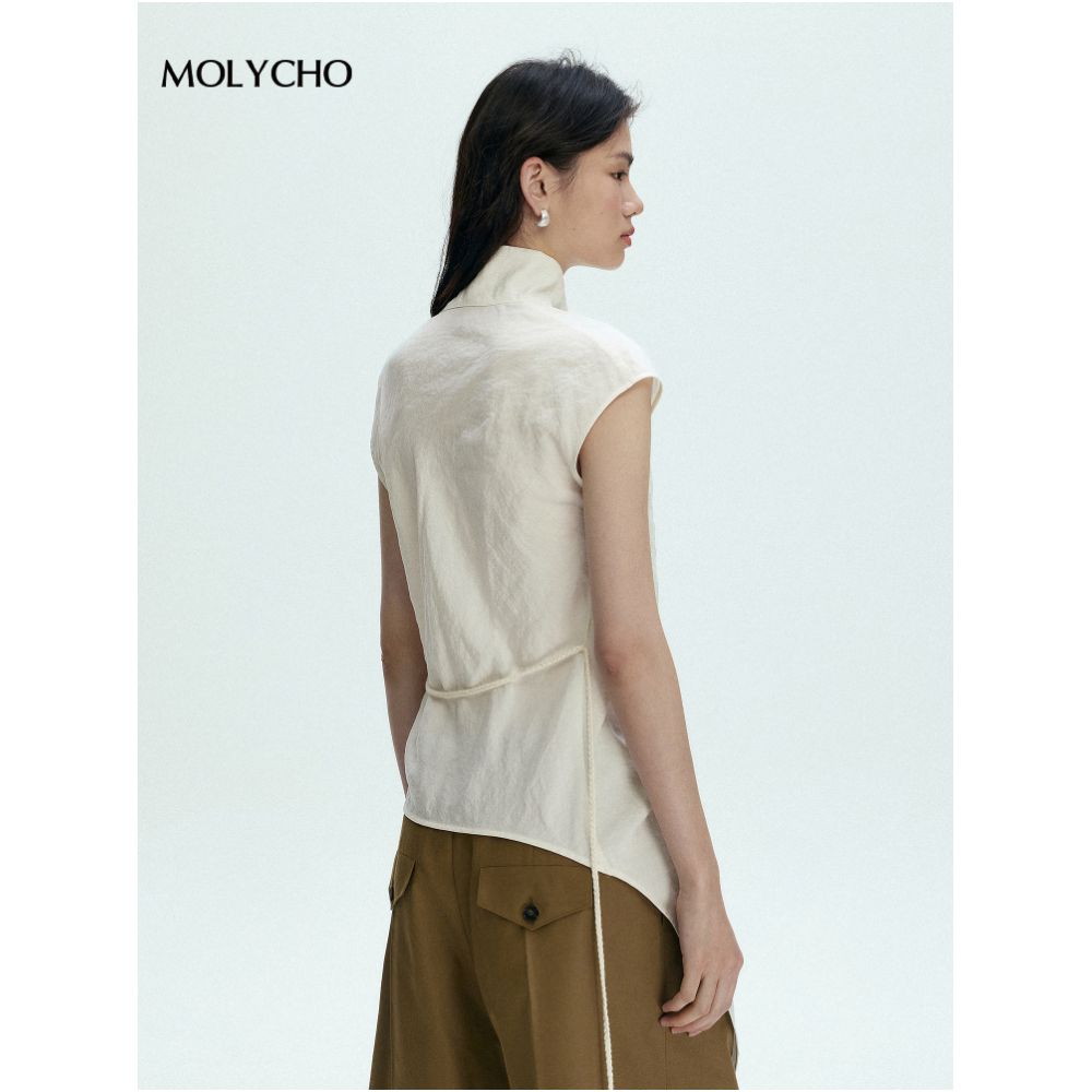 MOLYCHO Artistic style chic design short sleeved shirt for women loose and slimming shirt lace up waist cinching top image 5