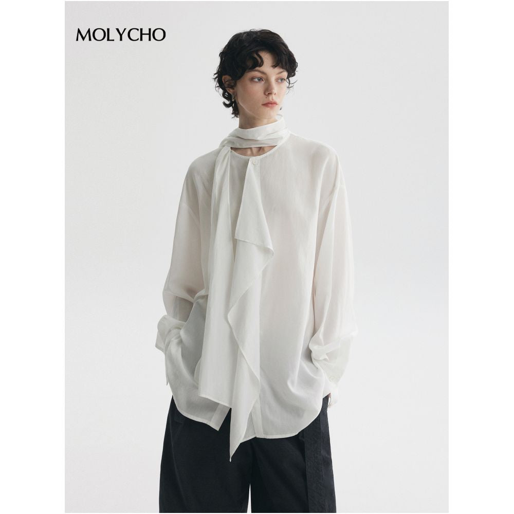 MOLYCHO Fashionable and casual white ribbon ruffled long sleeved shirt for women loose fitting shirt lightweight top image 18
