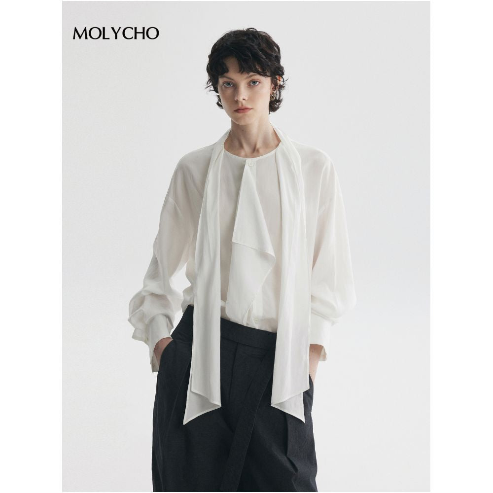 MOLYCHO Fashionable and casual white ribbon ruffled long sleeved shirt for women loose fitting shirt lightweight top image 19