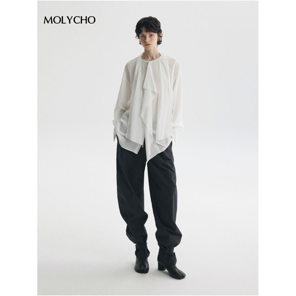 MOLYCHO Fashionable and casual white ribbon ruffled long sleeved shirt for women loose fitting shirt lightweight top image 20