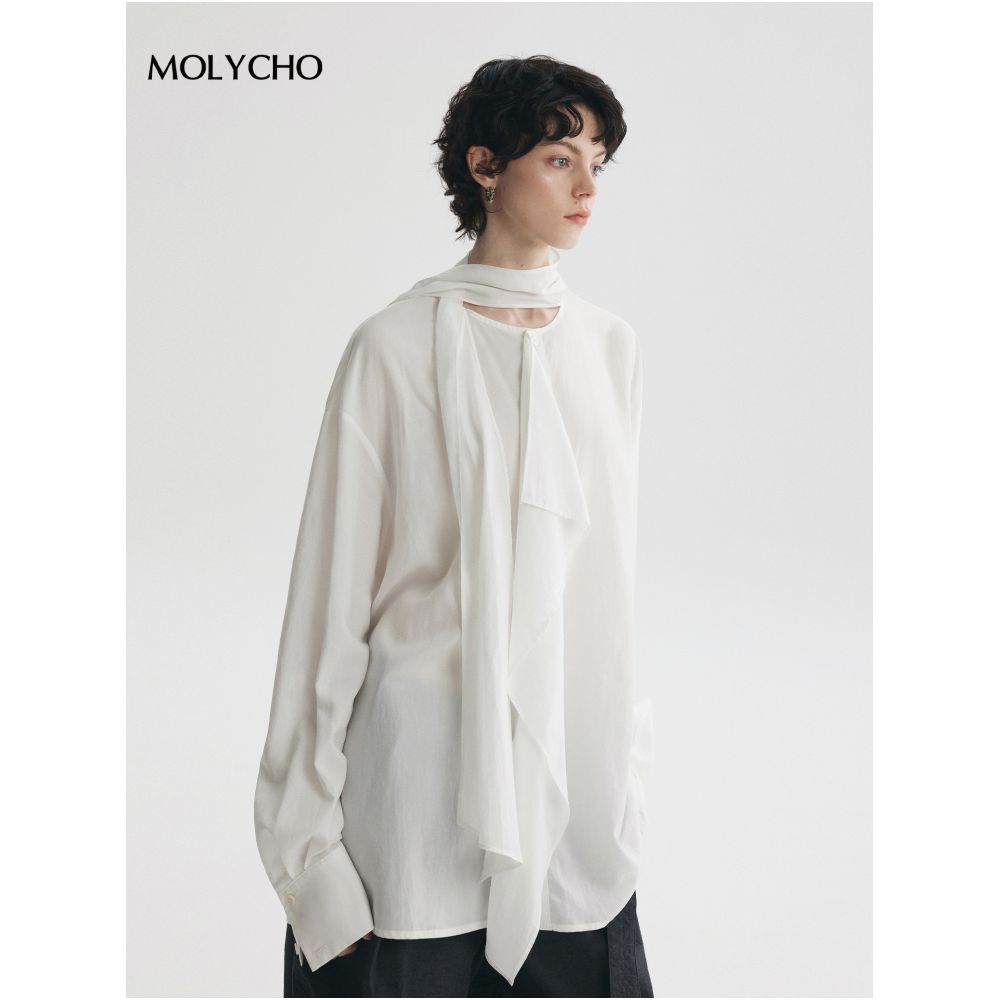 MOLYCHO Fashionable and casual white ribbon ruffled long sleeved shirt for women loose fitting shirt lightweight top image 21