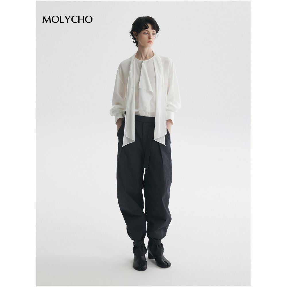 MOLYCHO Fashionable and casual white ribbon ruffled long sleeved shirt for women loose fitting shirt lightweight top image 22