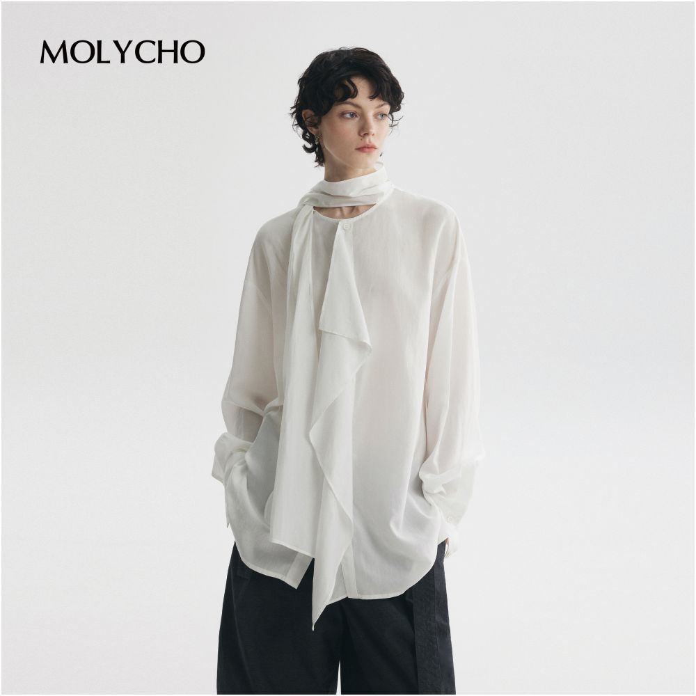 MOLYCHO Fashionable and casual white ribbon ruffled long sleeved shirt for women loose fitting shirt lightweight top image 9