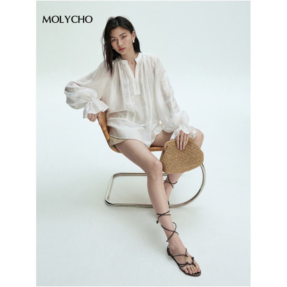 MOLYCHO Bohemian Style Thin White Shirt for Women s Summer Loose Sunscreen Cover Micro Transparent Top image 1