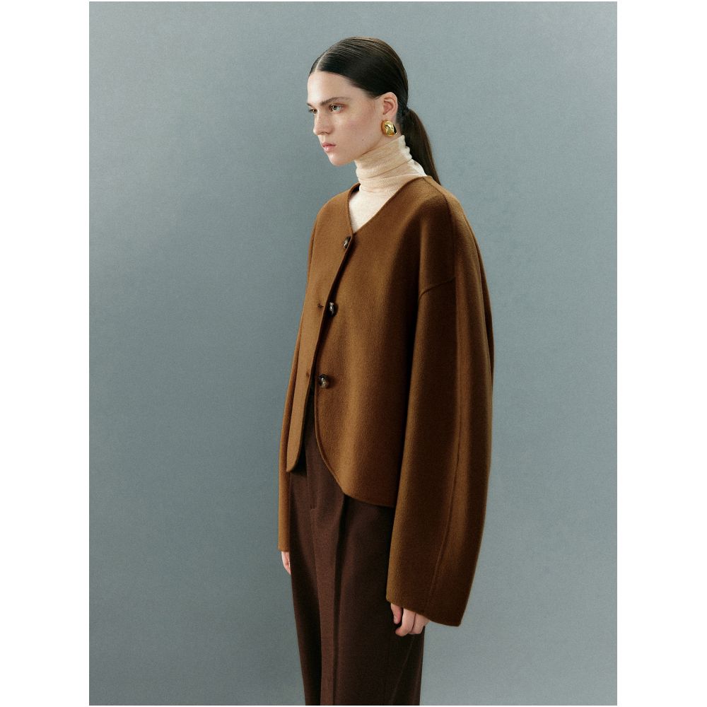 MOLYCHO short V neck double sided woolen coat for women s autumn and winter wool loose casual small woolen coat image 2