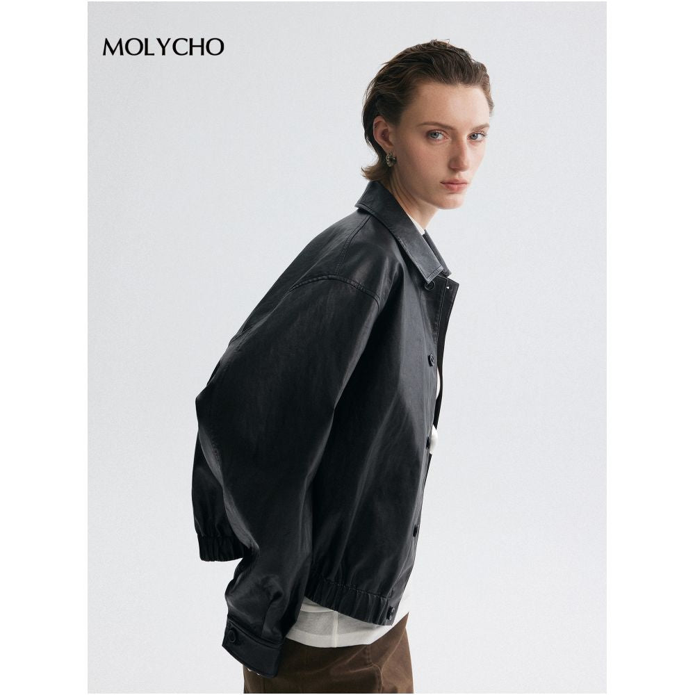 MOLYCHO Cool and Sassy Style Retro Collar Motorcycle Leather Jacket for Women Short PU Leather Jacket image 1