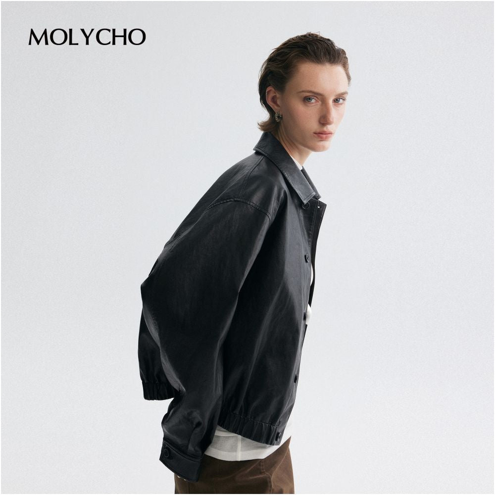 MOLYCHO Cool and Sassy Style Retro Collar Motorcycle Leather Jacket for Women Short PU Leather Jacket image 9