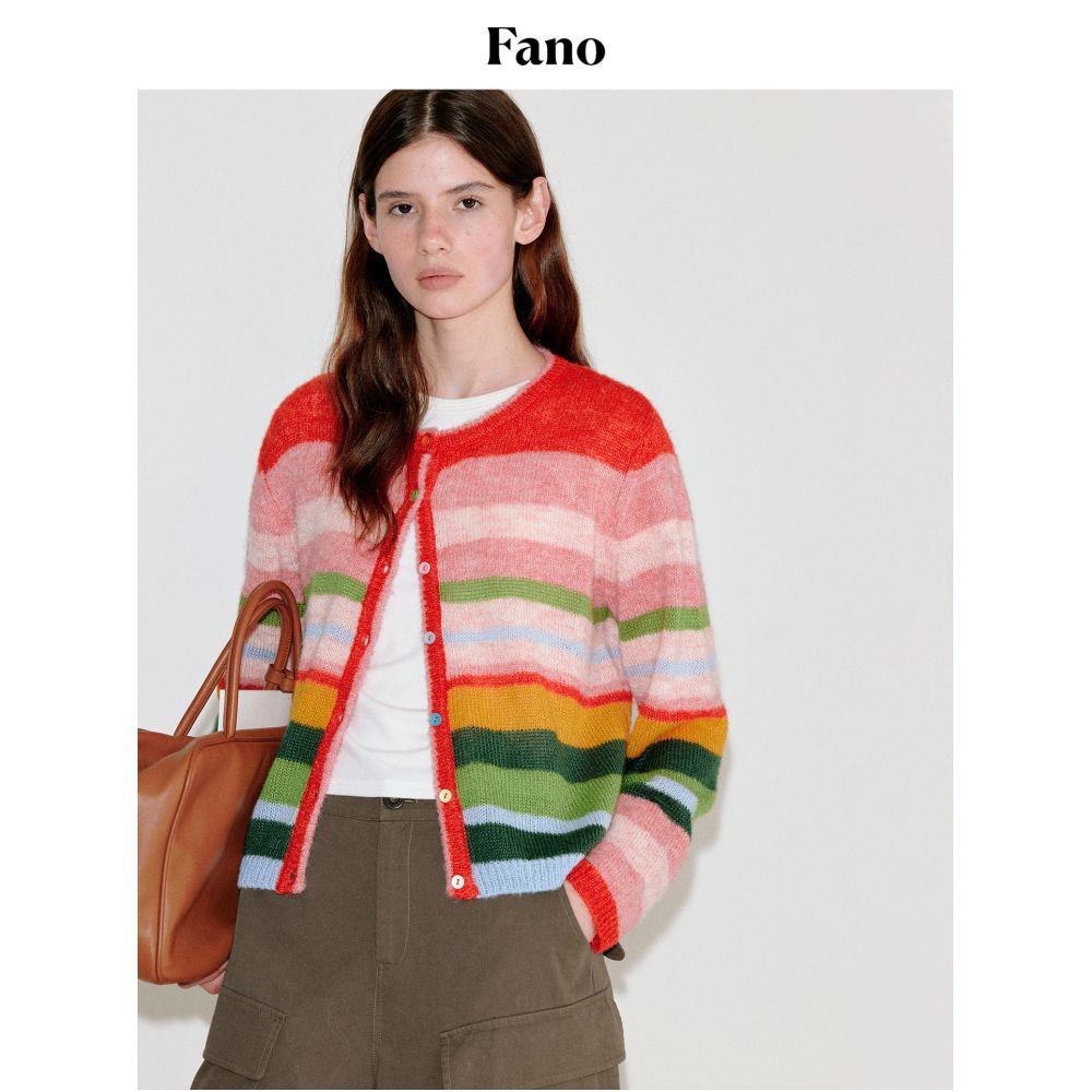 Fano s niche rainbow contrasting striped round neck wool knitted cardigan top for women in autumn 2025 image 2