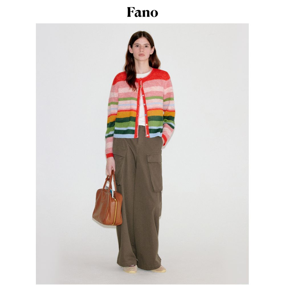 Fano s niche rainbow contrasting striped round neck wool knitted cardigan top for women in autumn 2025 image 3