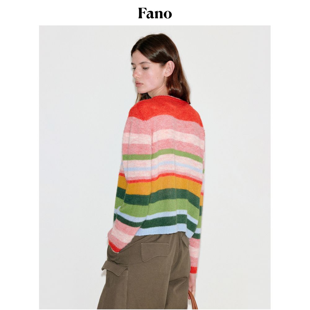 Fano s niche rainbow contrasting striped round neck wool knitted cardigan top for women in autumn 2025 image 4