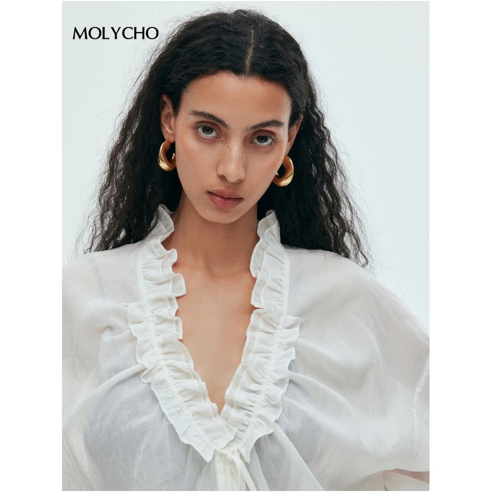 MOLYCHO Misty Sensation French Lazy Ruffle Thin Shirt for Women Relaxed Micro Transparent Sunscreen Shirt image 2
