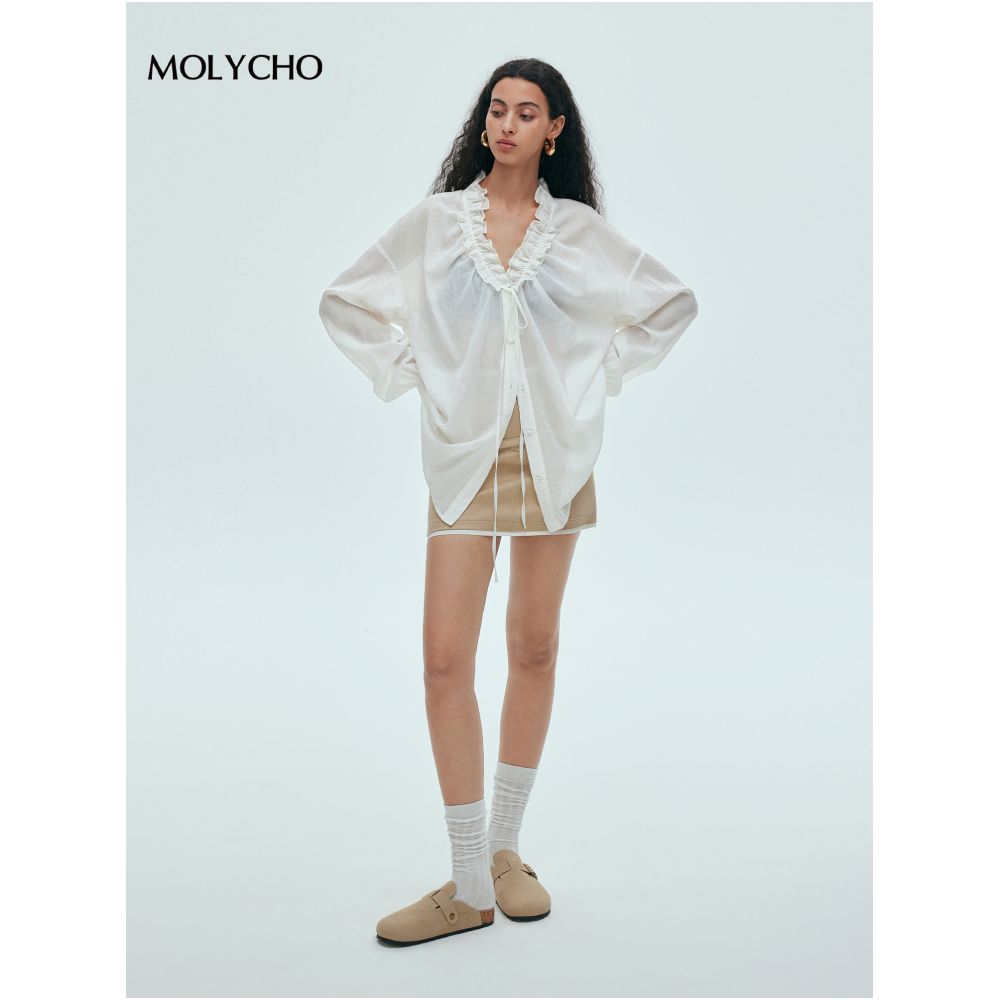 MOLYCHO Misty Sensation French Lazy Ruffle Thin Shirt for Women Relaxed Micro Transparent Sunscreen Shirt image 3