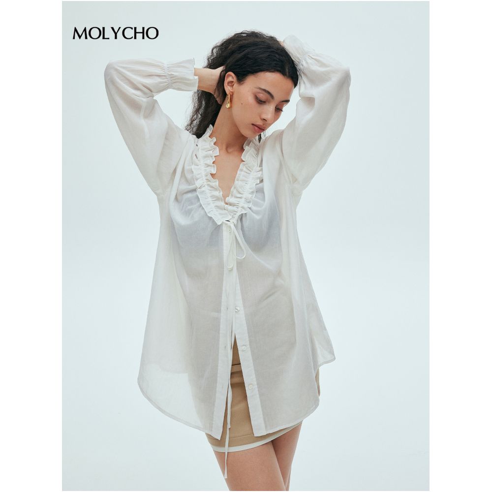 MOLYCHO Misty Sensation French Lazy Ruffle Thin Shirt for Women Relaxed Micro Transparent Sunscreen Shirt image 4