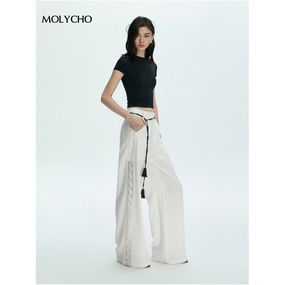 MOLYCHO French lace hollow high waisted wide leg pants for women s summer straight leg pants loose and slimming white pants image 3